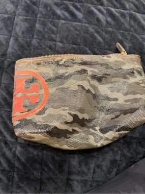 Tory Burch Camo Canvas Toiletry Pouch with Orange Logo